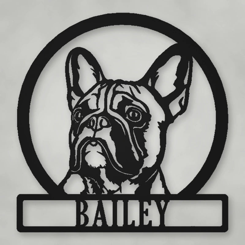 French Bulldog Silhouette With Personalized Name Metal Sign shown in Matte Black powder coat finish.