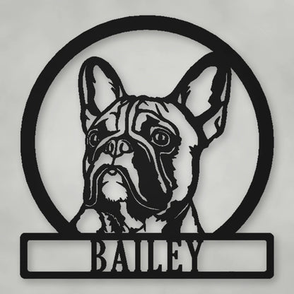 French Bulldog Silhouette With Personalized Name Metal Sign shown in Matte Black powder coat finish.