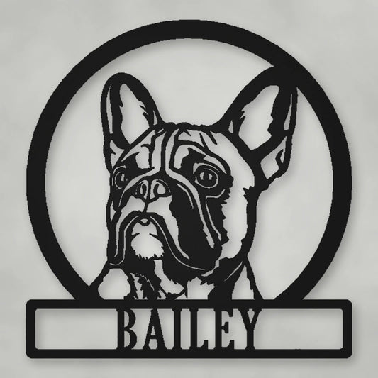 French Bulldog Silhouette With Personalized Name Metal Sign shown in Matte Black powder coat finish.