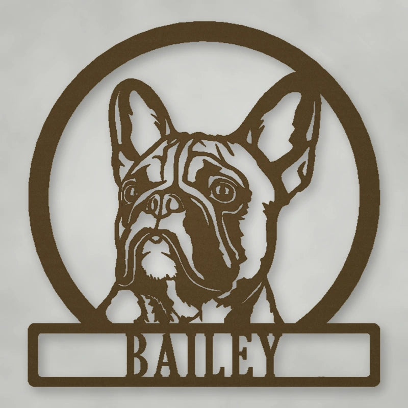 French Bulldog Silhouette With Personalized Name Metal Sign shown in Metallic Bronze powder coat finish.
