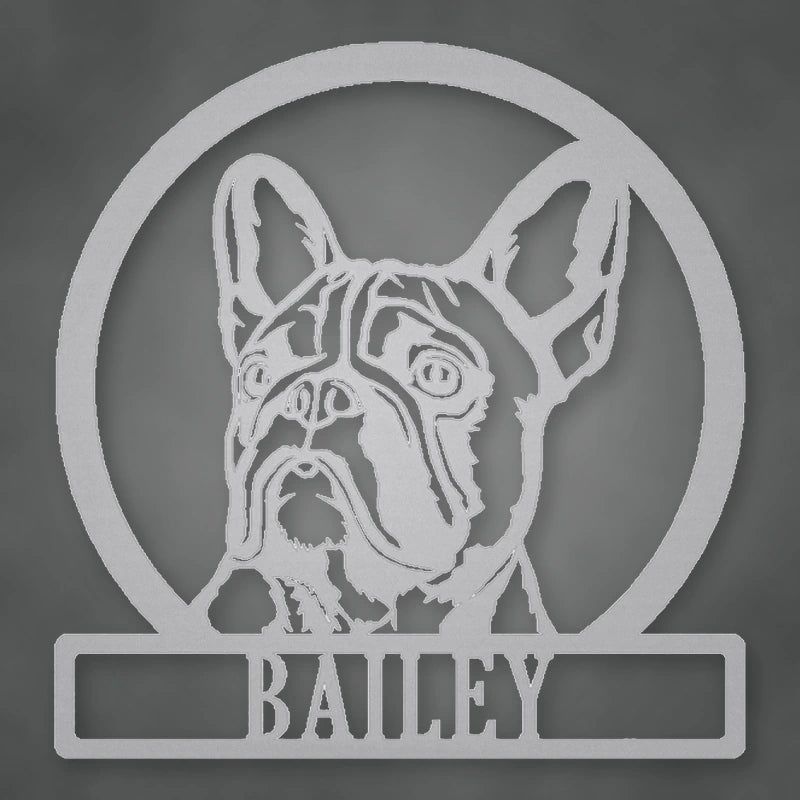French Bulldog Silhouette With Personalized Name Metal Sign shown in Metallic Silver powder coat finish.