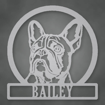 French Bulldog Silhouette With Personalized Name Metal Sign shown in Metallic Silver powder coat finish.