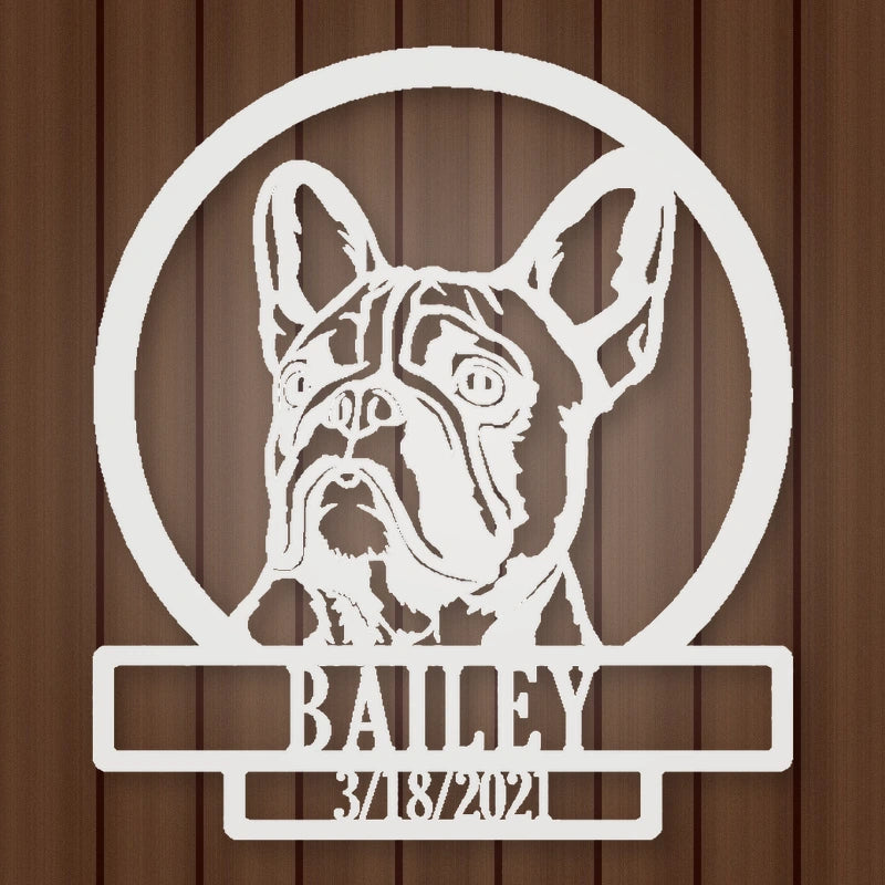 French Bulldog Silhouette With Personalized Name And Date Metal Sign shown in Gloss White powder coat finish.