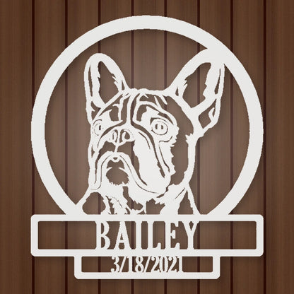 French Bulldog Silhouette With Personalized Name And Date Metal Sign shown in Gloss White powder coat finish.