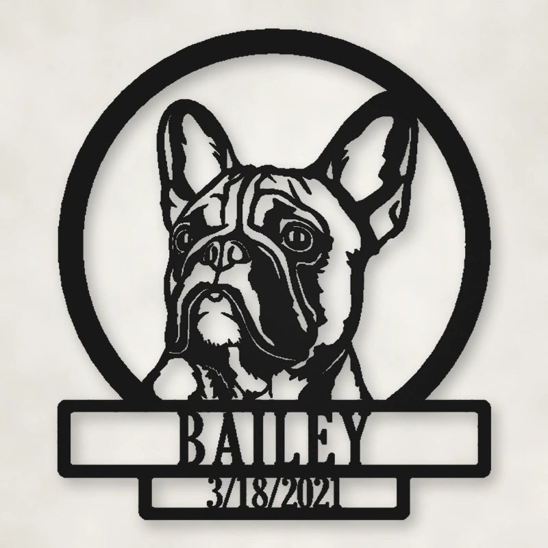 French Bulldog Silhouette With Personalized Name And Date Metal Sign shown in Matte Black powder coat finish.