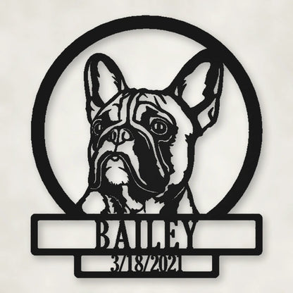 French Bulldog Silhouette With Personalized Name And Date Metal Sign shown in Matte Black powder coat finish.
