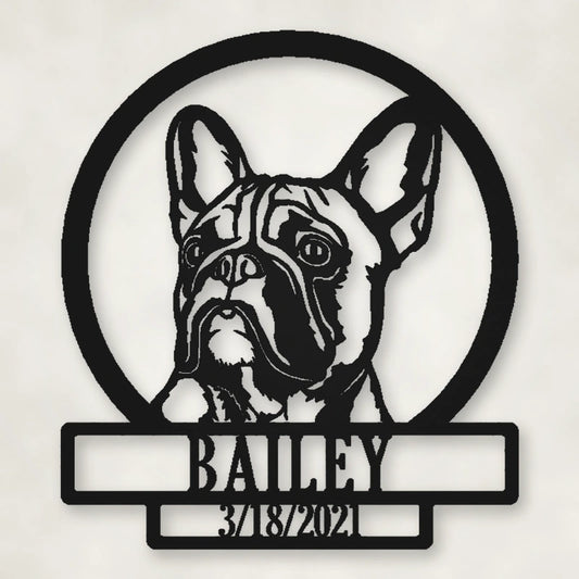 French Bulldog Silhouette With Personalized Name And Date Metal Sign shown in Matte Black powder coat finish.