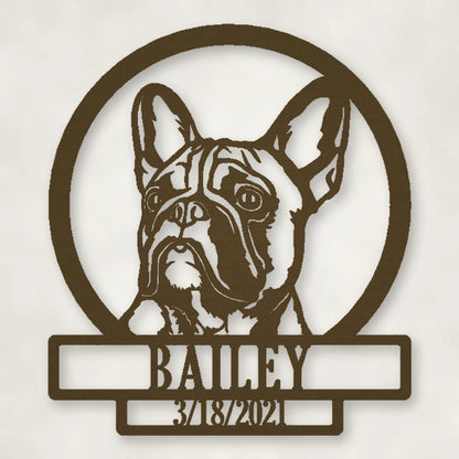 French Bulldog Silhouette With Personalized Name And Date Metal Sign shown in Metallic Bronze powder coat finish.