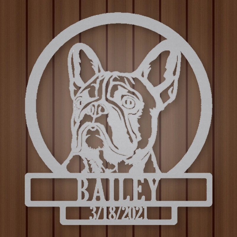 French Bulldog Silhouette With Personalized Name And Date Metal Sign shown in Metallic Silver powder coat finish.