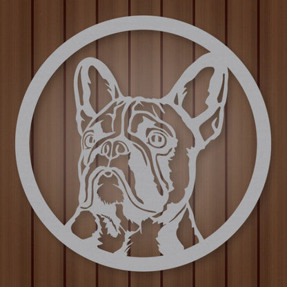 French Bulldog Silhouette Metal Sign shown in Metallic Silver powder coat finish.