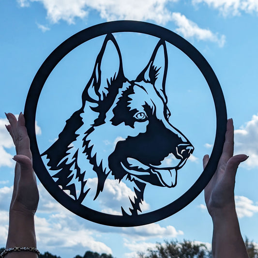 German Shepherd Dog Silhouette Metal Sign with a clouds and blue sky background