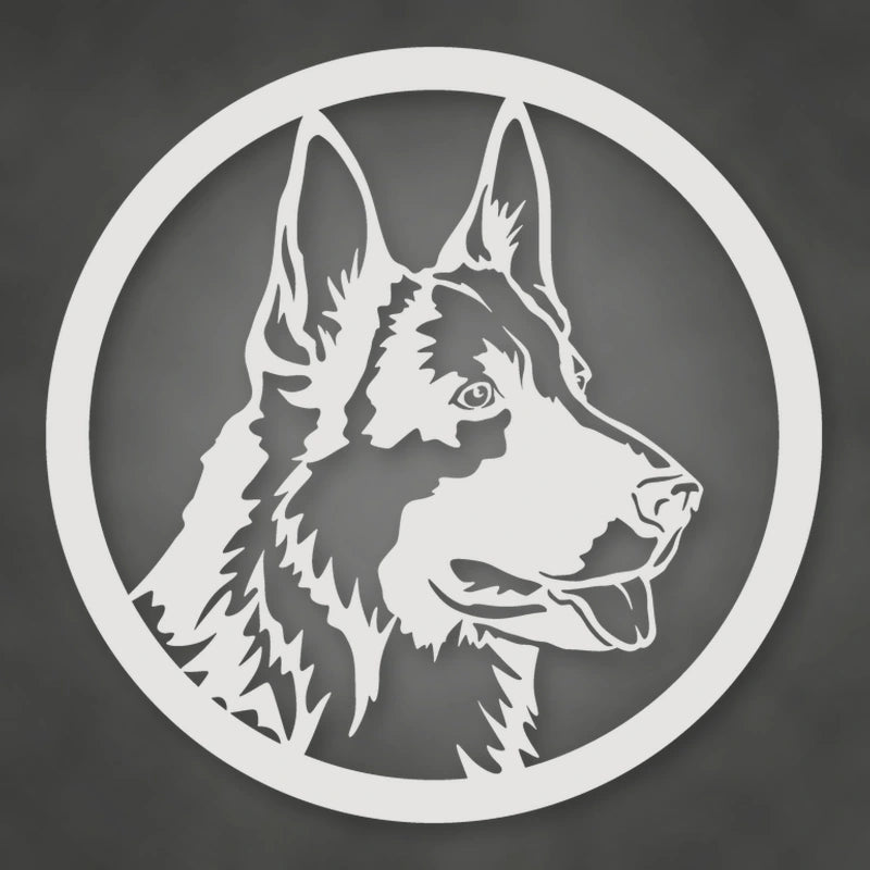 German Shepherd Dog Silhouette Metal Sign shown in Gloss White powder coat finish.