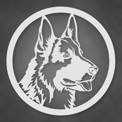 German Shepherd Dog Silhouette Metal Sign shown in Gloss White powder coat finish.