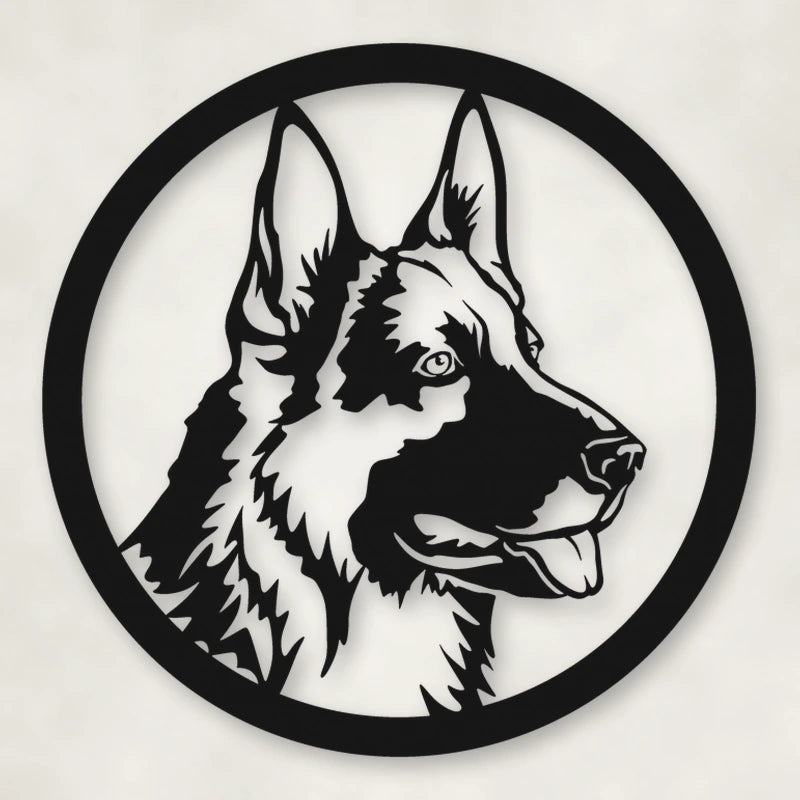 German Shepherd Dog Silhouette Metal Sign shown in Matte Black powder coat finish.