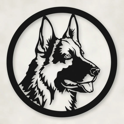 German Shepherd Dog Silhouette Metal Sign shown in Matte Black powder coat finish.