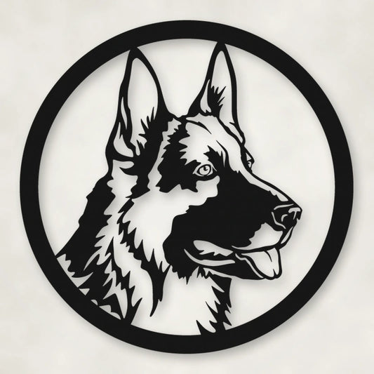 German Shepherd Dog Silhouette Metal Sign shown in Matte Black powder coat finish.