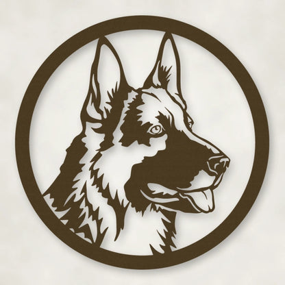 German Shepherd Dog Silhouette Metal Sign shown in Metallic Bronze powder coat finish.