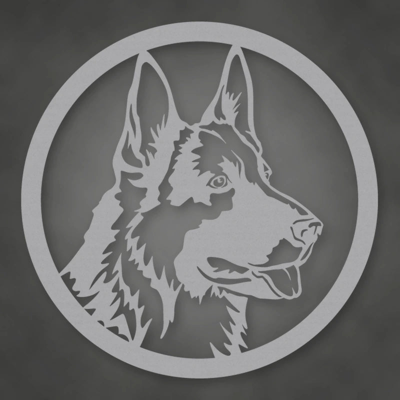 German Shepherd Dog Silhouette Metal Sign shown in Metallic Silver powder coat finish.