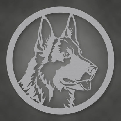 German Shepherd Dog Silhouette Metal Sign shown in Metallic Silver powder coat finish.