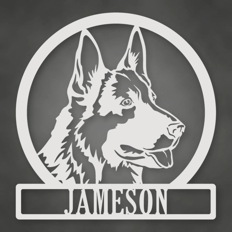 German Shepherd Dog Silhouette With Personalized Name Metal Sign shown in Gloss White powder coat finish.