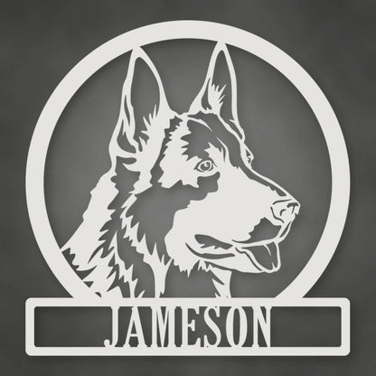 German Shepherd Dog Silhouette With Personalized Name Metal Sign shown in Gloss White powder coat finish.