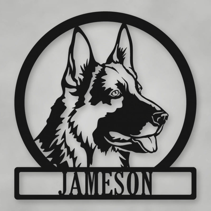 German Shepherd Dog Silhouette With Personalized Name Metal Sign shown in Matte Black powder coat finish.