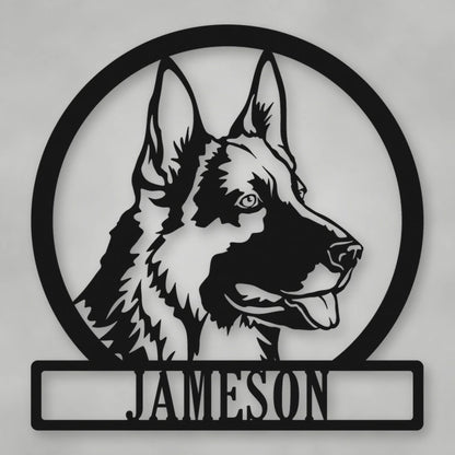 German Shepherd Dog Silhouette With Personalized Name Metal Sign shown in Matte Black powder coat finish.