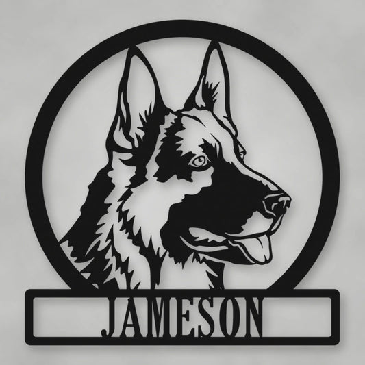 German Shepherd Dog Silhouette With Personalized Name Metal Sign shown in Matte Black powder coat finish.