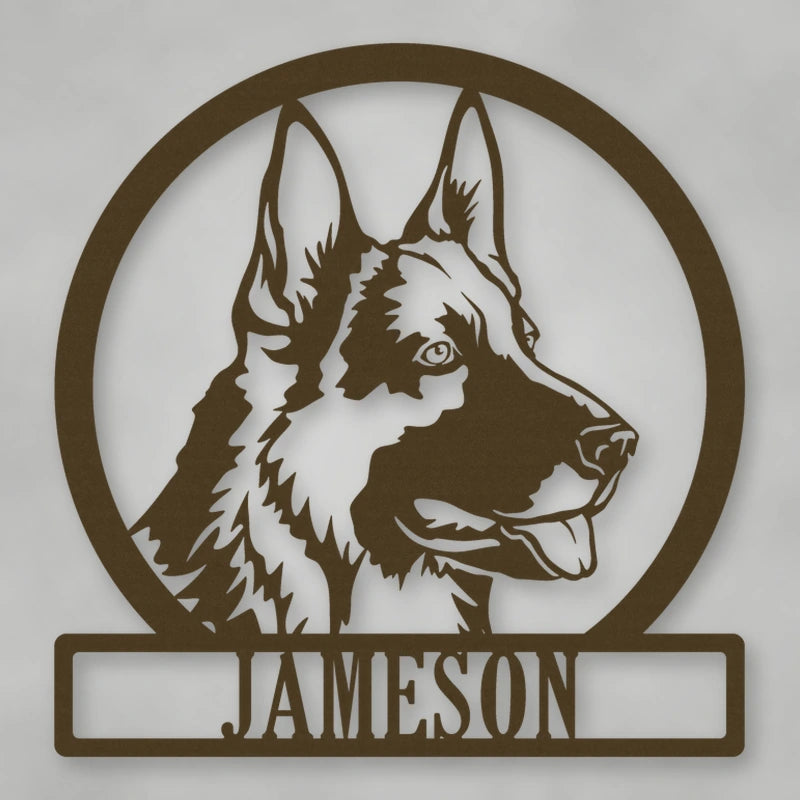 German Shepherd Dog Silhouette With Personalized Name Metal Sign shown in Metallic Bronze powder coat finish.