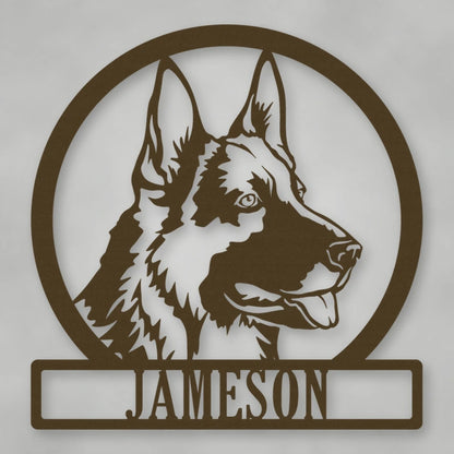 German Shepherd Dog Silhouette With Personalized Name Metal Sign shown in Metallic Bronze powder coat finish.