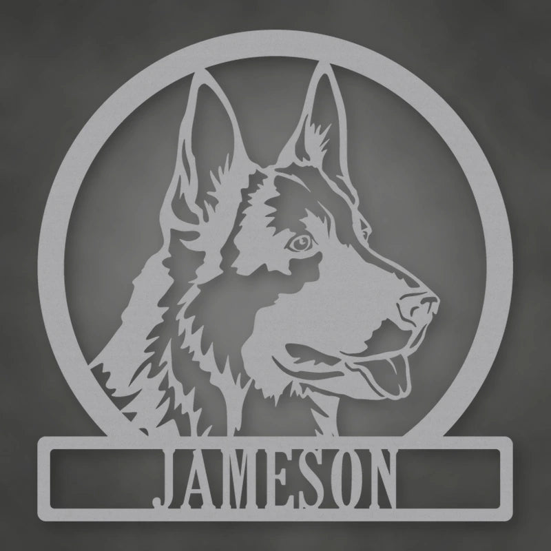 German Shepherd Dog Silhouette With Personalized Name Metal Sign shown in Metallic Silver powder coat finish.
