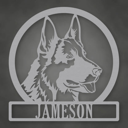German Shepherd Dog Silhouette With Personalized Name Metal Sign shown in Metallic Silver powder coat finish.