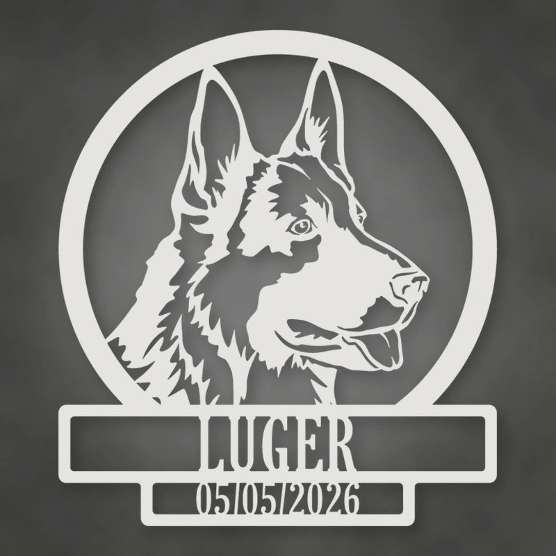 German Shepherd Dog Silhouette With Personalized Name And Date Metal Sign shown in Gloss White powder coat finish.