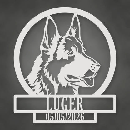 German Shepherd Dog Silhouette With Personalized Name And Date Metal Sign shown in Gloss White powder coat finish.