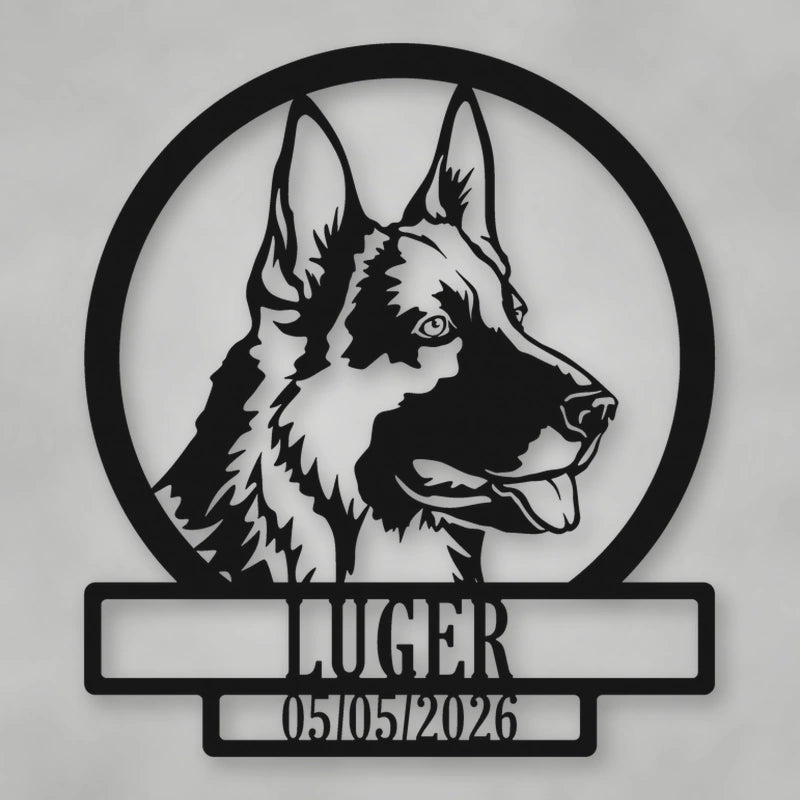 German Shepherd Dog Silhouette With Personalized Name And Date Metal Sign shown in Matte Black powder coat finish.