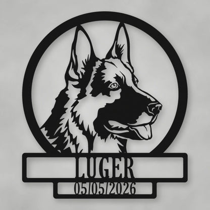 German Shepherd Dog Silhouette With Personalized Name And Date Metal Sign shown in Matte Black powder coat finish.