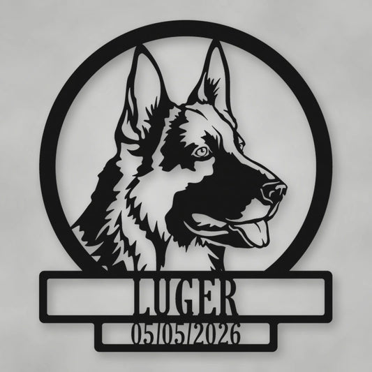 German Shepherd Dog Silhouette With Personalized Name And Date Metal Sign shown in Matte Black powder coat finish.