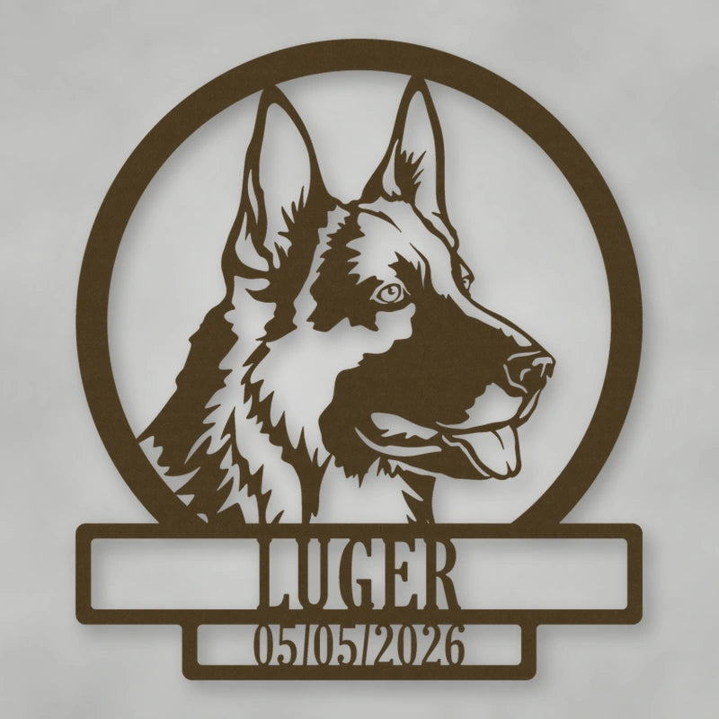 German Shepherd Dog Silhouette With Personalized Name And Date Metal Sign shown in Metallic Bronze powder coat finish.