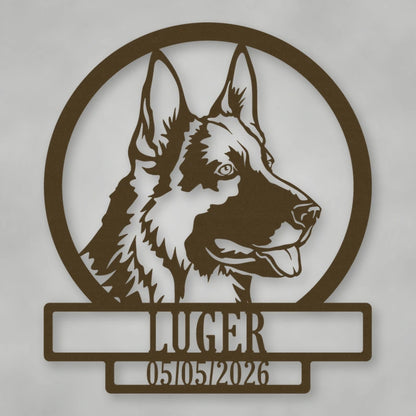 German Shepherd Dog Silhouette With Personalized Name And Date Metal Sign shown in Metallic Bronze powder coat finish.