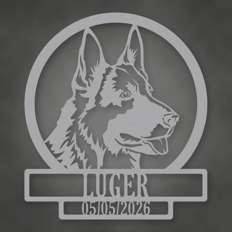 German Shepherd Dog Silhouette With Personalized Name And Date Metal Sign shown in Metallic Silver powder coat finish.