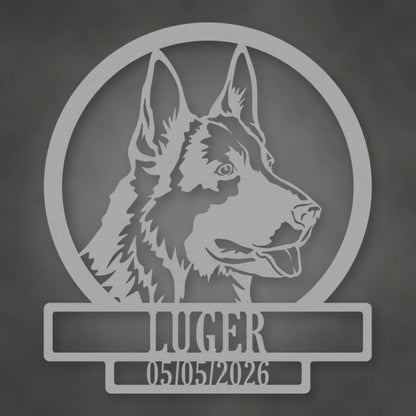 German Shepherd Dog Silhouette With Personalized Name And Date Metal Sign shown in Metallic Silver powder coat finish.
