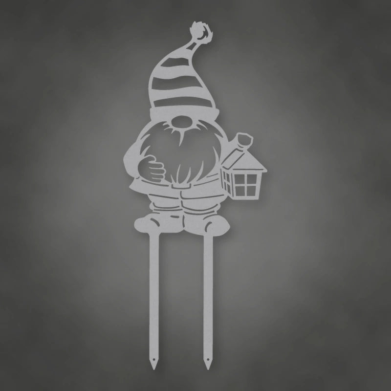 Gnome Metal Garden Sign shown in Metallic Silver powder coat finish.