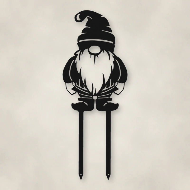 Gnome Metal Garden Sign shown in Matte Black powder coat finish.