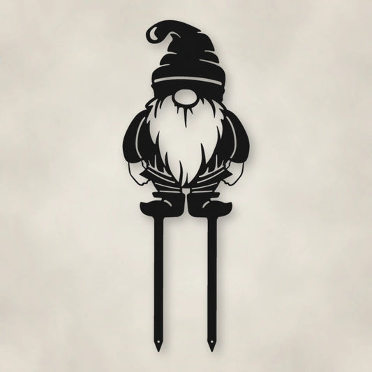 Gnome Metal Garden Sign shown in Matte Black powder coat finish.