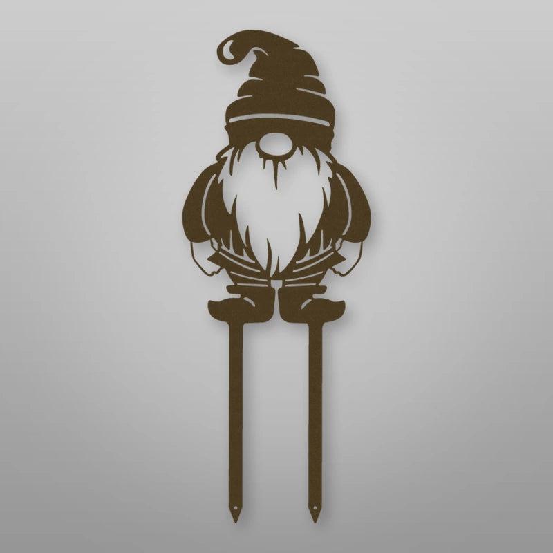 Gnome Metal Garden Sign shown in Metallic Bronze powder coat finish.