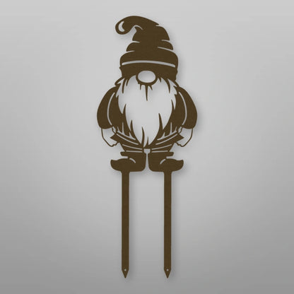 Gnome Metal Garden Sign shown in Metallic Bronze powder coat finish.