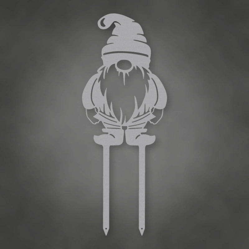 Gnome Metal Garden Sign shown in Metallic Silver powder coat finish.