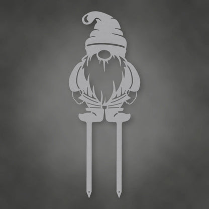 Gnome Metal Garden Sign shown in Metallic Silver powder coat finish.