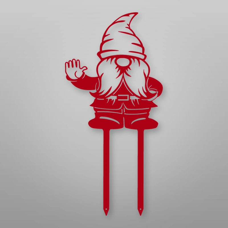 Gnome Metal Garden Sign shown in Gloss Red powder coat finish.