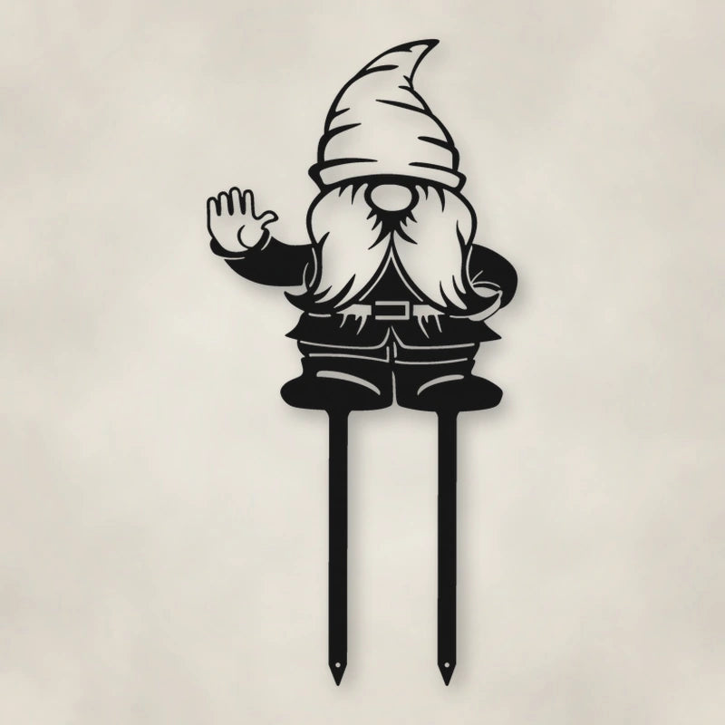 Gnome Metal Garden Sign shown in Matte Black powder coat finish.